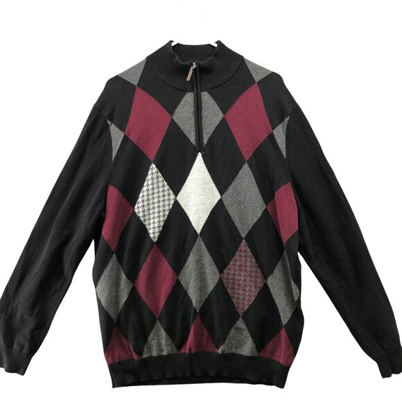 Club Room Pima Cotton 1/4 Zip Sweater Mens L Black Burgundy Argyle Print - Picture 1 of 7